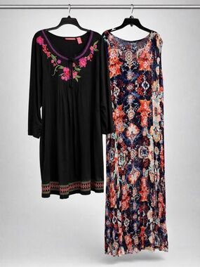 Boho Dress Bundle 1X Plus Size Woman Within 24/7 Embroidered Tunic & Maxi Dress
